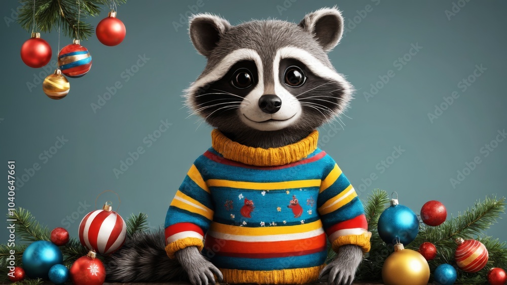 A cheerful raccoon in a colorful sweater celebrates the festive season with vibrant decorations A cheerful raccoon in a colorful sweater celebrates the festive season with vibrant decorations