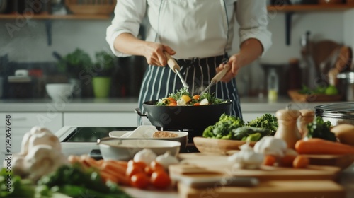 A detailed view of a nutritionist leading a cooking demonstration in a culinary school kitchen, with fresh ingredients and cooking utensils, Culinary style