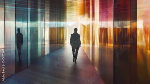 A striking visual of a person walking through a corridor lined with mirrors, each mirror reflecting different stages of their life, symbolizing the introspective journey of self-discovery and growth