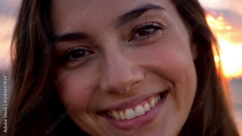Heartwarming Close-Up of Smiling New Zealander Woman Against Stunning Sunset Backdrop Heartwarming Close-Up of Smiling New Zealander Woman Against Stunning Sunset Backdrop