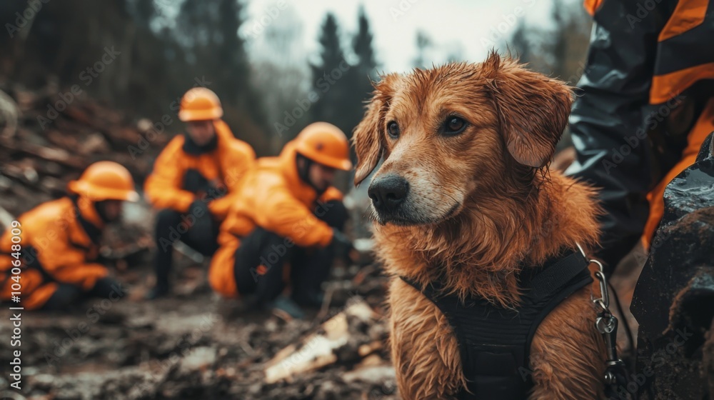 Obraz premium Rescue dog working alongside handlers in a disaster recovery operation