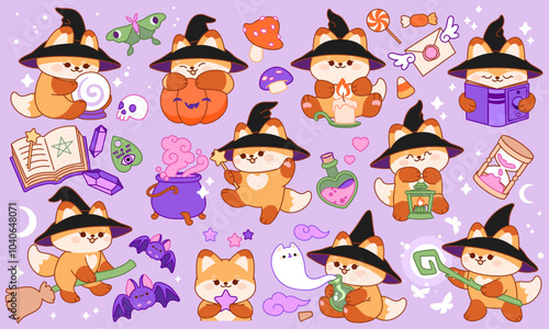 Cute little fox magician. Magic items, Fantasy elements, Halloween cliparts, Witch aesthetic. Cartoon stickers, Animal character design tidy vector isolated set. Kawaii style collection.