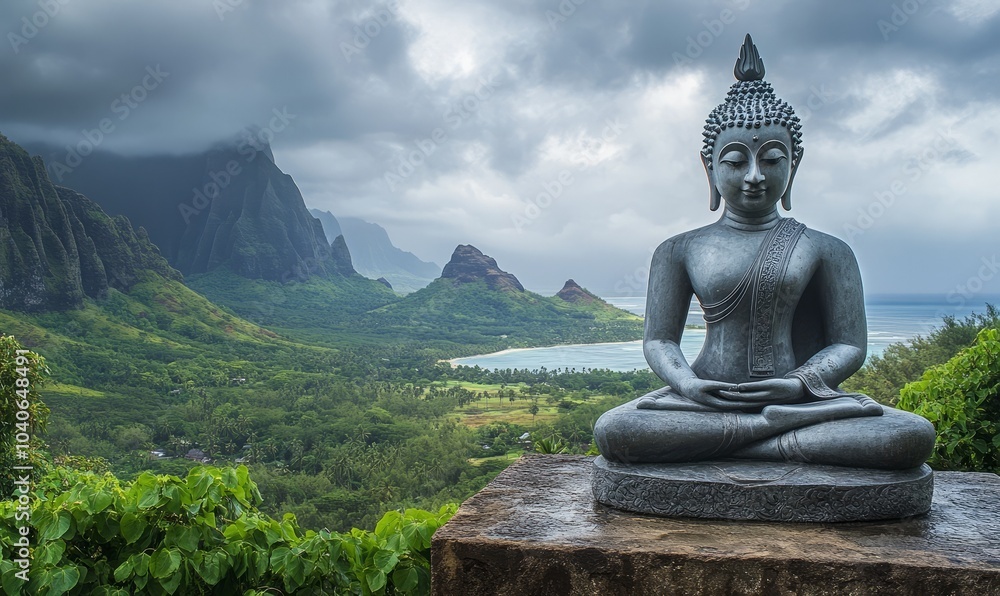 Buddha statue seated on a stone platform overlooking lush mountainous landscape under a dramatic sky Buddha statue seated on a stone platform overlooking lush mountainous landscape under a dramatic sky