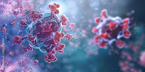 Virus structure under microscope with viral particles, Microscopic view of viral infection and biological processes 