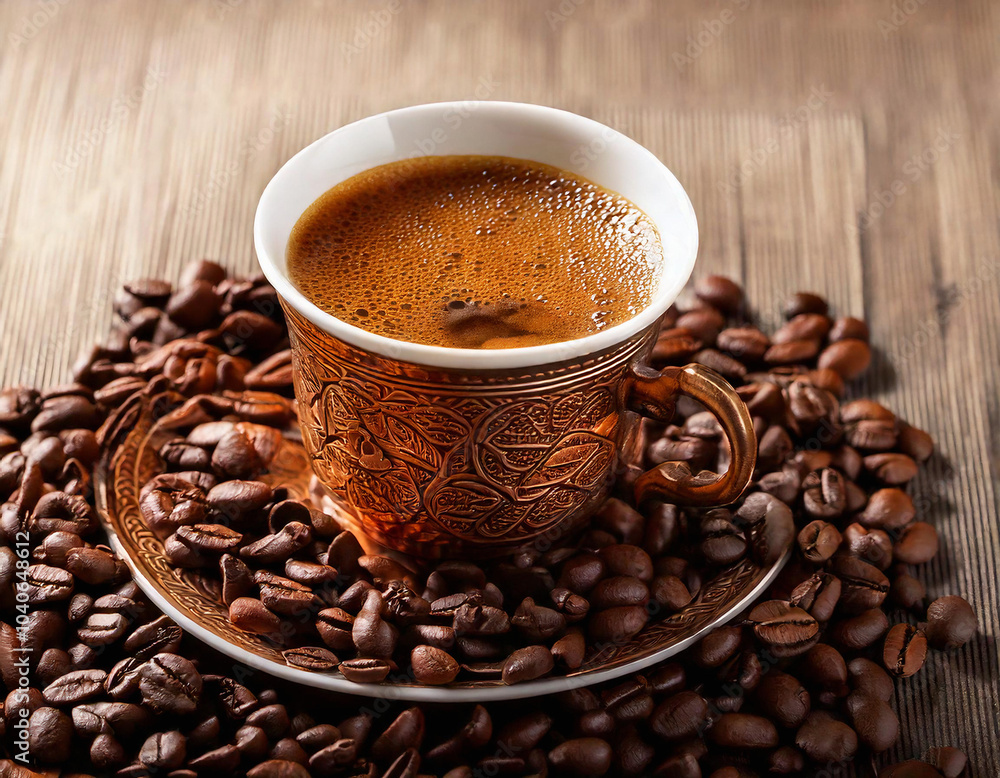 Elegant Turkish Coffee Cup Resting on a Bed of Coffee Beans, Capturing the Rich Tradition and Aromatic Essence of Turkish Coffee in a Simple Yet Refined Presentation Elegant Turkish Coffee Cup Resting on a Bed of Coffee Beans, Capturing the Rich Tradition and Aromatic Essence of Turkish Coffee in a Simple Yet Refined Presentation