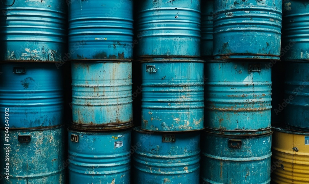 Blue metal barrels stacked in warehouse storage Blue metal barrels stacked in warehouse storage