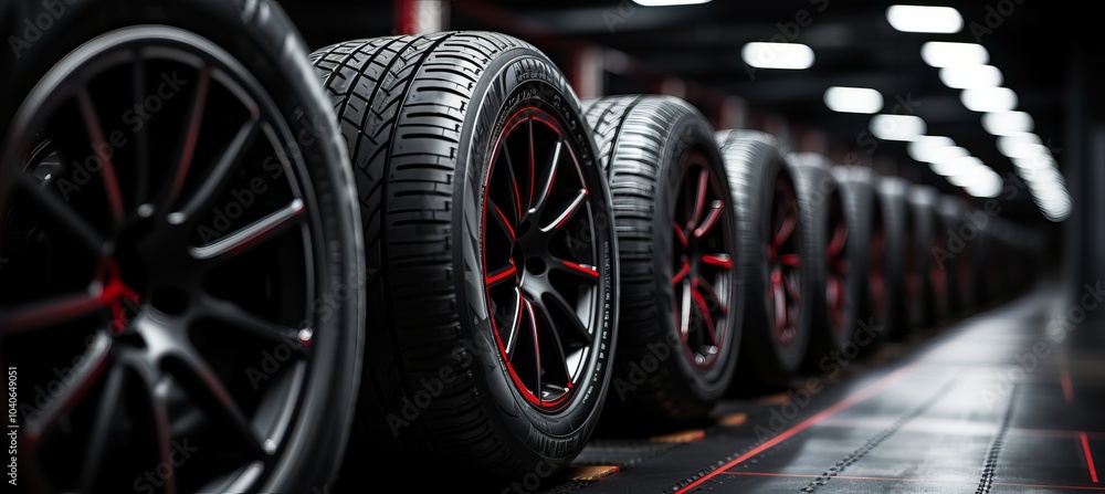 Obraz premium New performance tires displayed in a modern automotive workshop with bright lighting
