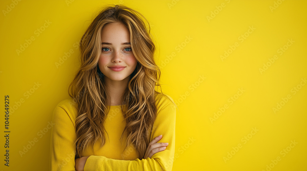 a young woman with long hair, standing with her arms crossed and pointing to the left. The background is a solid bright yellow a young woman with long hair, standing with her arms crossed and pointing to the left. The background is a solid bright yellow