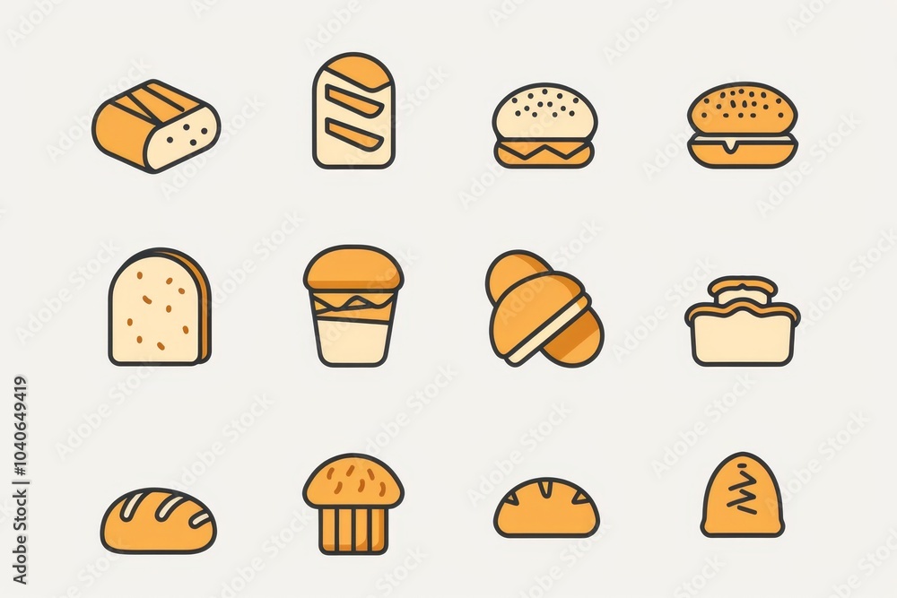 Bread loaves icon, bakery products set, flat minimal pastry collection, baked buns, baguettes symbols Bread loaves icon, bakery products set, flat minimal pastry collection, baked buns, baguettes symbols