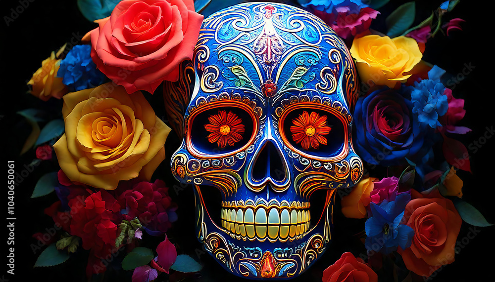 Luminous sugar skull adorned with vibrant roses and intricate designs Luminous sugar skull adorned with vibrant roses and intricate designs