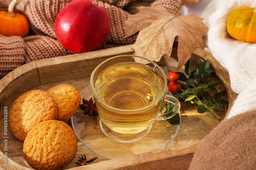 Autumn composition with cup of green tea, wooden tray and cookies on sweaters as background, closeup Autumn composition with cup of green tea, wooden tray and cookies on sweaters as background, closeup