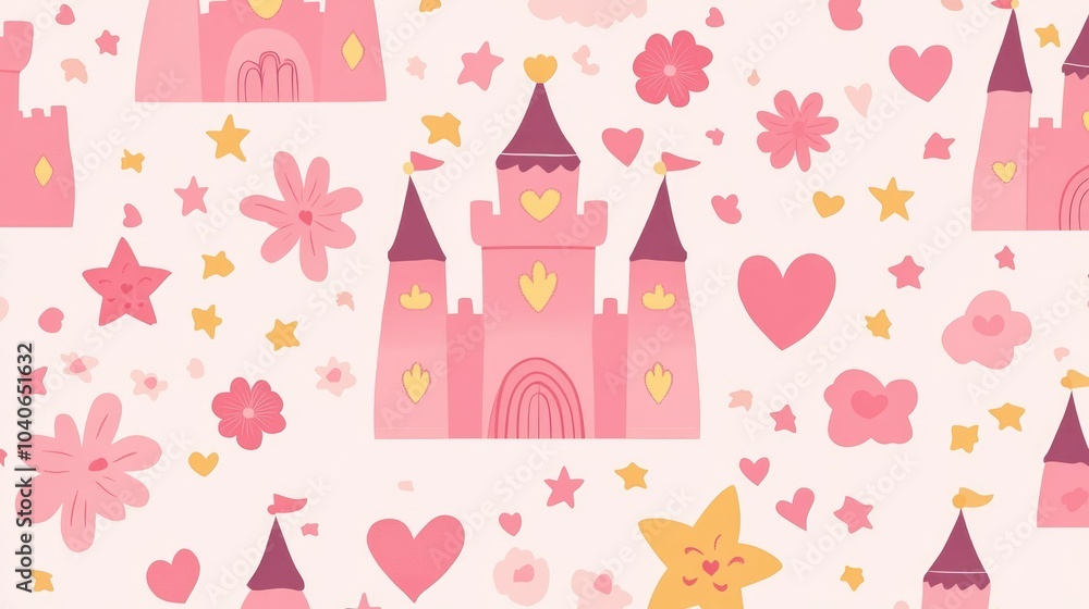 Vector illustration of a pink princess pattern Ideal for birthday card templates baby shower invitations children s wallpaper and fabric Charming design featuring stars diamonds flowers castles an Vector illustration of a pink princess pattern Ideal for birthday card templates baby shower invitations children s wallpaper and fabric Charming design featuring stars diamonds flowers castles an