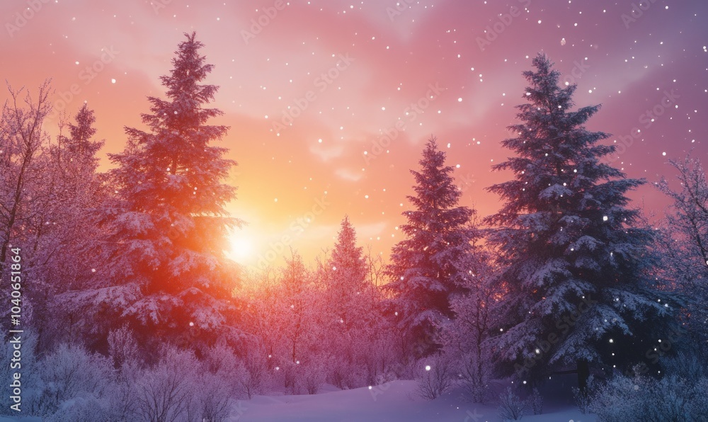 Snow-covered trees with a sky fading from soft pink to deep orange during a serene Christmas sunset Snow-covered trees with a sky fading from soft pink to deep orange during a serene Christmas sunset