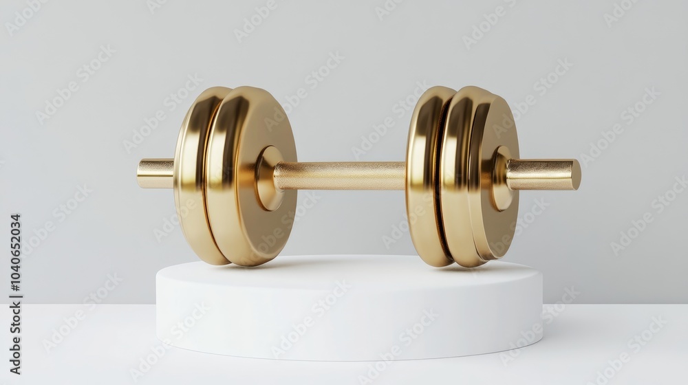 A realistic golden dumbbell displayed on a white pedestal series 3D rendering A realistic golden dumbbell displayed on a white pedestal series 3D rendering