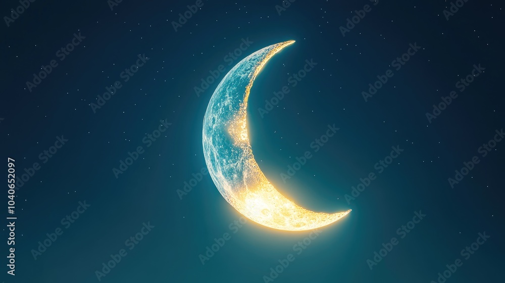 Artistic crescent moon depicted in a 3D cartoon rendering featuring a flare that creates the illusion of a second moon captured with long exposure using a telephoto lens Artistic crescent moon depicted in a 3D cartoon rendering featuring a flare that creates the illusion of a second moon captured with long exposure using a telephoto lens