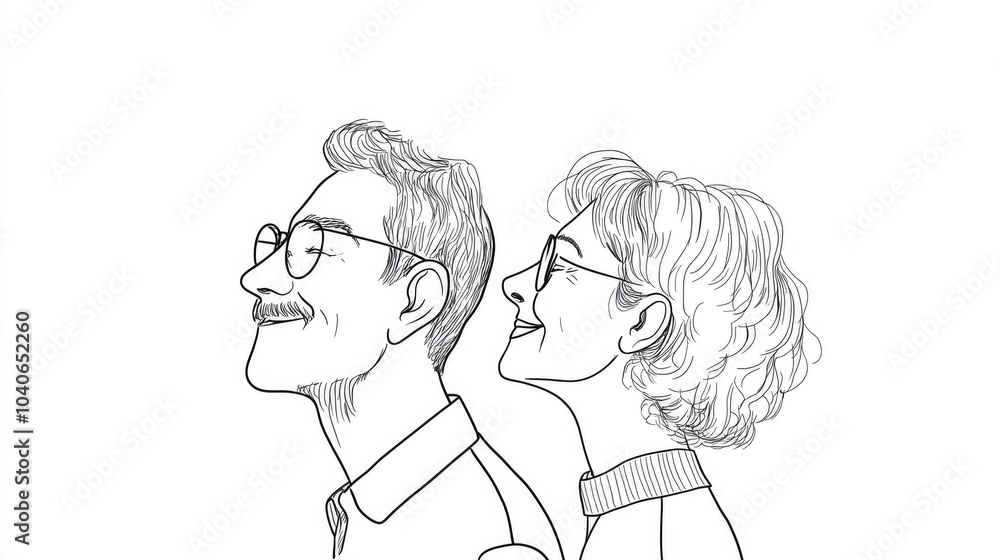 Line art illustration of a senior couple featuring a hand drawn style with black outlines Line art illustration of a senior couple featuring a hand drawn style with black outlines