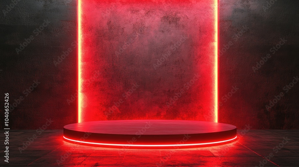 Red neon light product background featuring a podium on a textured street floor with a glowing spotlight and an empty display platform 3D rendering Red neon light product background featuring a podium on a textured street floor with a glowing spotlight and an empty display platform 3D rendering