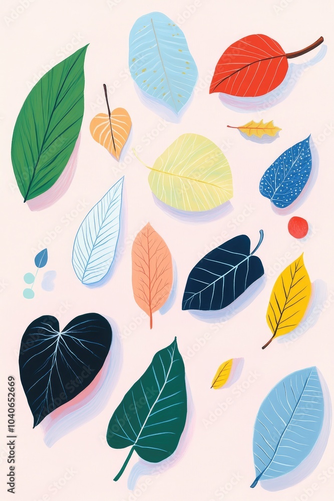Illustration of a variety of colorful dried autumn leaves arranged in a flat lay design showcasing the beauty of fall Illustration of a variety of colorful dried autumn leaves arranged in a flat lay design showcasing the beauty of fall