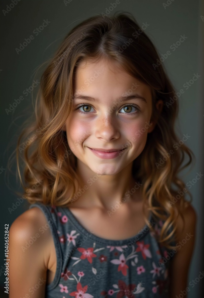 A young Caucasian girl with beautiful brown eyes and wavy hair stands smiling softly. Her playful demeanor shines through as she poses in a cozy setting in France. Generative AI A young Caucasian girl with beautiful brown eyes and wavy hair stands smiling softly. Her playful demeanor shines through as she poses in a cozy setting in France. Generative AI