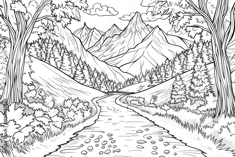 Coloring book illustration of Scenic Mountain Roads in Autumn Coloring book illustration of Scenic Mountain Roads in Autumn
