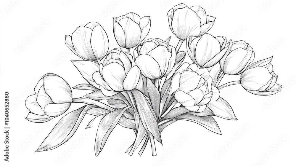 Fototapeta premium Elegant bouquet of tulips in line art design Continuous line drawing featuring stylized roses Illustrative symbol of spring