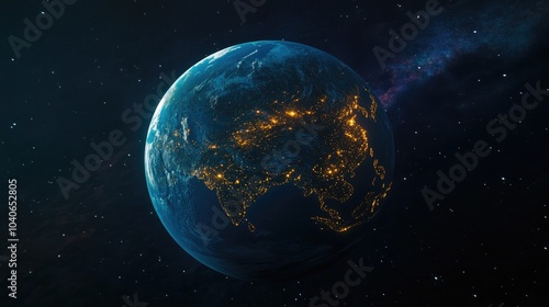 Beautiful planet Earth depicted in a 3D cartoon rendering showcasing night lights of cities from space Stunning nighttime view of the planet highlighting urban areas in Asia Concept of development