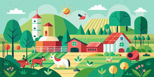 A vibrant farm landscape featuring animals, buildings, and trees under a clear blue sky during a sunny day