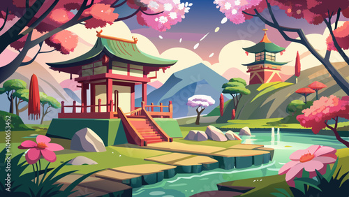 A serene garden scene featuring a tranquil pond, vibrant cherry blossoms, and traditional pagodas set against majestic mountains at sunset