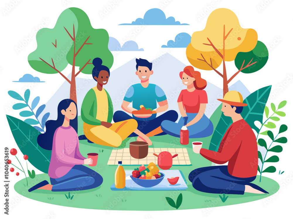 A group of friends enjoying a cheerful picnic in a sunny park surrounded by lush green trees and colorful flowers in the afternoon A group of friends enjoying a cheerful picnic in a sunny park surrounded by lush green trees and colorful flowers in the afternoon