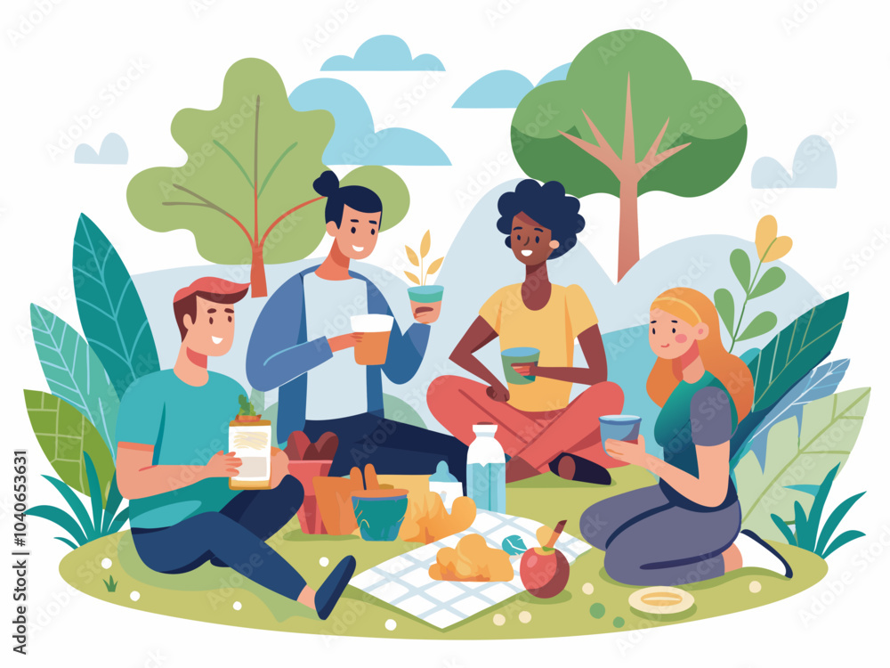Friends enjoying a picnic in a lush park surrounded by greenery, sharing snacks and drinks on a sunny day Friends enjoying a picnic in a lush park surrounded by greenery, sharing snacks and drinks on a sunny day