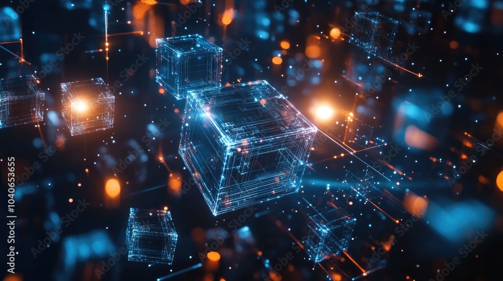 Fototapeta premium Blockchain network concept featuring rotating digital cubes illustrating high speed internet connection and technology within the metaverse and cryptocurrency space 3D rendering background