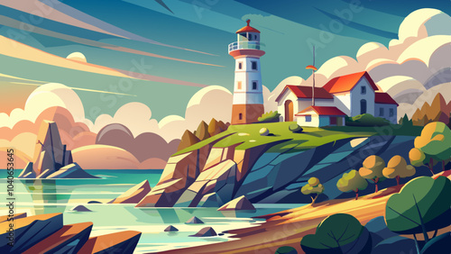 Scenic coastal landscape featuring a lighthouse and rocky shore with vibrant clouds at sunset