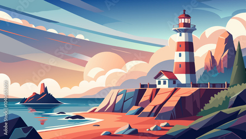 A colorful lighthouse stands on a rocky coastal cliff under vibrant skies at sunset, guiding ships near an island