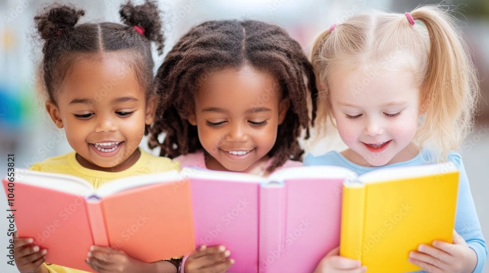 Three young girls joyfully reading colorful books together, AI Three young girls joyfully reading colorful books together, AI
