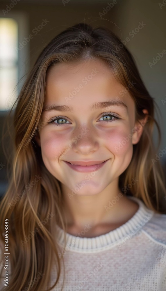 A young Caucasian girl with beautiful brown eyes and wavy hair stands smiling softly. Her playful demeanor shines through as she poses in a cozy setting in France. Generative AI A young Caucasian girl with beautiful brown eyes and wavy hair stands smiling softly. Her playful demeanor shines through as she poses in a cozy setting in France. Generative AI