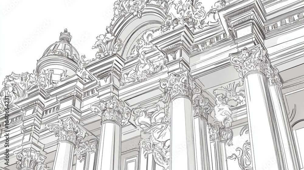 Fototapeta premium Line art illustration of a historic palace featuring intricate architectural details