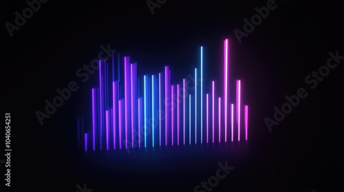 Glowing Neon Blue And Purple Diagonal Audio Equalizer Bars Rise And Fall Against A Black Background Visual Music Representation With Empty Space