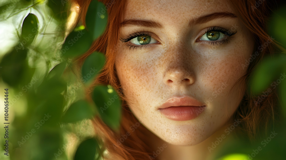 Close-up beauty portrait of a redhead woman in nature - Close-up beauty portrait of a redhead woman in nature -