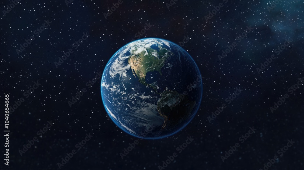 Cartoon rendering in 3D of Planet Earth set against a starry sky within the Solar System Cartoon rendering in 3D of Planet Earth set against a starry sky within the Solar System