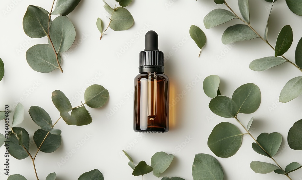 Eucalyptus essential oil, eucalyptus leaves on white background. Natural, Organic cosmetics products. Medicinal plant. Natural Serums. Flat lay, top view Eucalyptus essential oil, eucalyptus leaves on white background. Natural, Organic cosmetics products. Medicinal plant. Natural Serums. Flat lay, top view