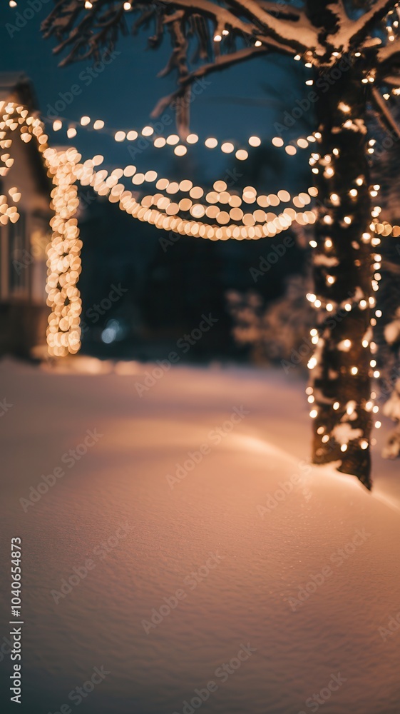 Outdoor Christmas decoration in snowy scene with lights and festive atmosphere Outdoor Christmas decoration in snowy scene with lights and festive atmosphere