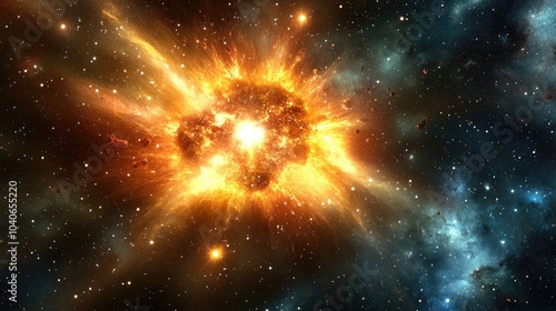 3D cartoon rendering depicting a star explosion in a galaxy of an unidentified universe