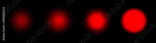 Halftone circles set. Duotone round shaped transition. Modern design elements for icon, emblem, logo, border, frame, pattern, backdrop, wallpaper. Abstract geometric background, vector illustration.