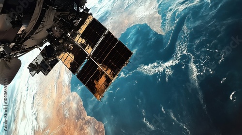 A detailed view of a satellite-based hyperspectral imaging sensor, capturing detailed spectral information of Earth's surface, Remote sensing technology style