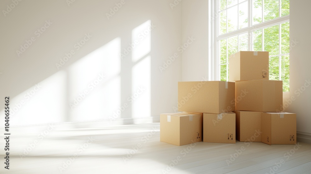 Box stack in a sunlit room, denoting relocation, storage, or online commerce packaging. Box stack in a sunlit room, denoting relocation, storage, or online commerce packaging.
