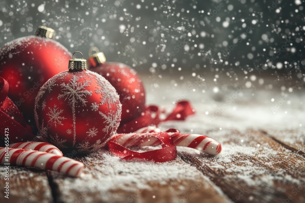 Winter Scene with Christmas Ornaments and Wooden Table on blurred background