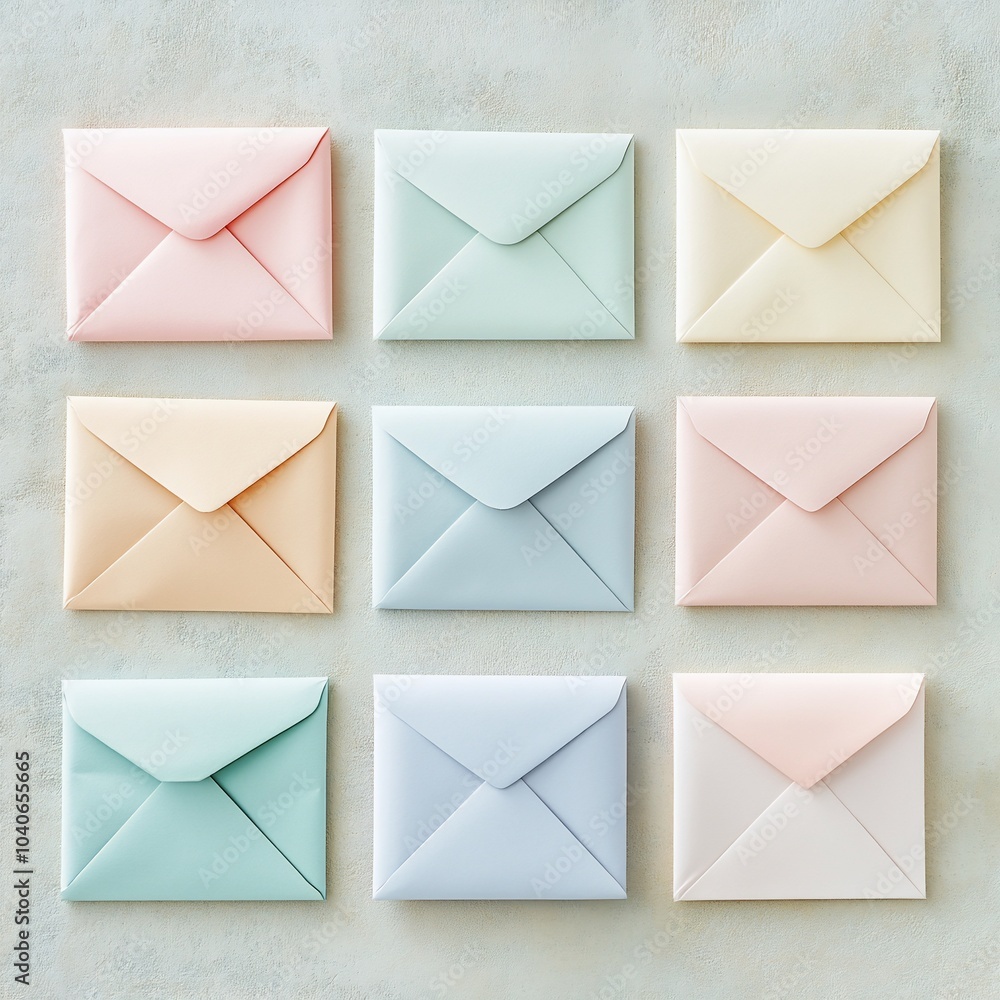 Nine pastel colored envelopes arranged in a grid on a white background.