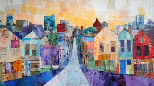 Panoramic view of an urban landscape in mixed media