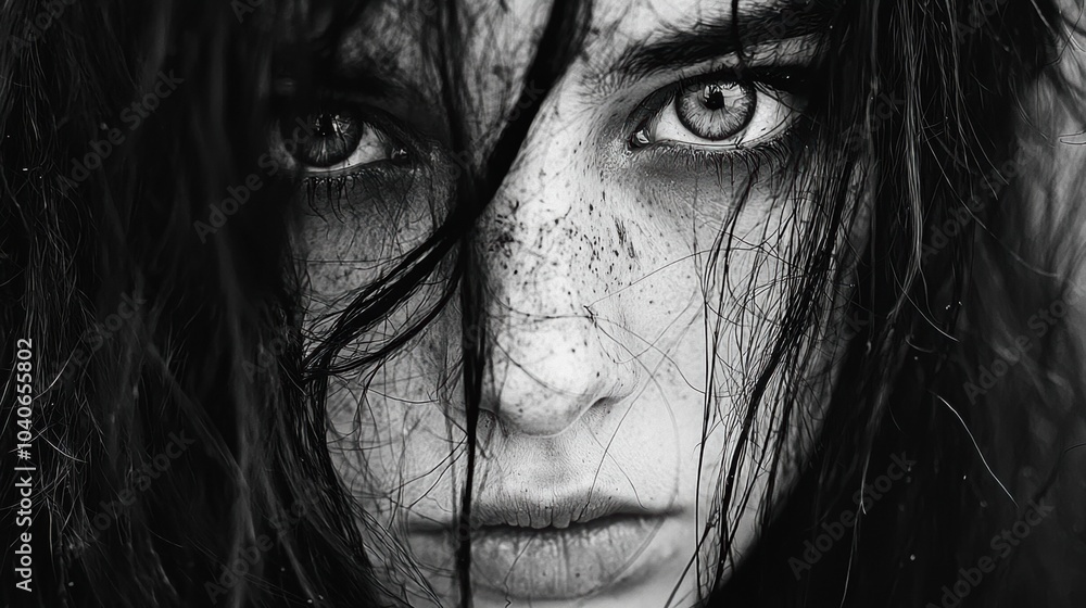 Fototapeta premium Intense gaze of a young woman with freckles and tousled hair in black and white, AI