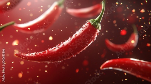 Red chili peppers with water droplets, falling against a red background with bokeh effect. © Edi Purnomo
